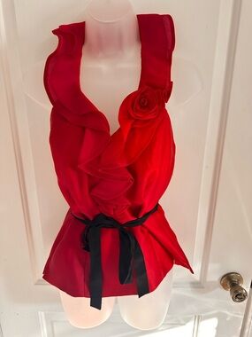 White House Black Market Red Silk Ruffle Top w/ Rosette Belt Size 2